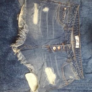 No Boundaries Distressed Blue Denim Jean Shorts with Frayed Hem
